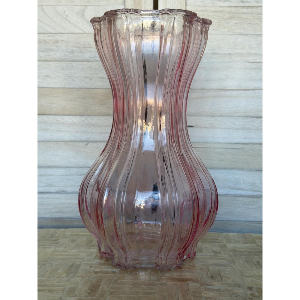 Vintage AEG Flare Pink Glass Vase Ribbed Art Depression Glass Flower Vase